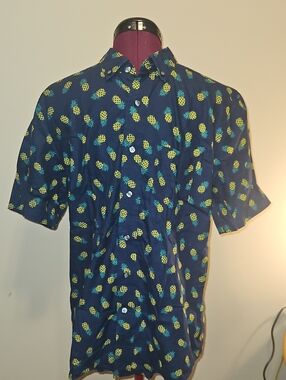 George Navy Short-Sleeve Button-Down Shirt with Yellow Pineapple Print